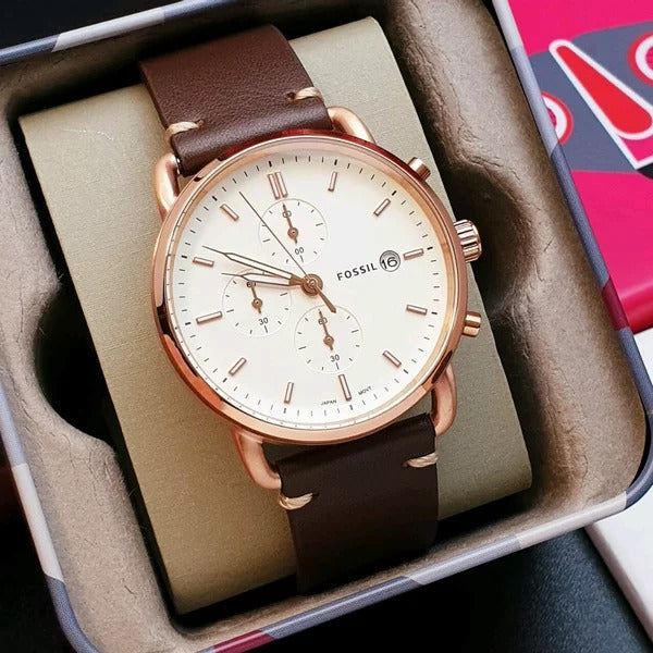 FOSSIL Commuter White Dial with Leather Strap