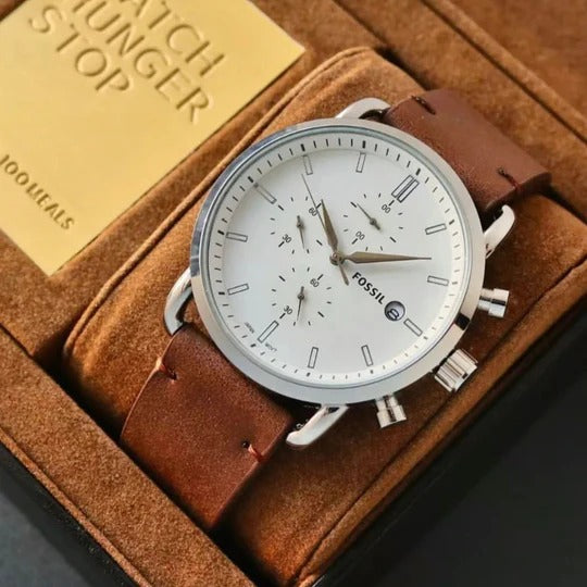 Fossil Commuter White Dial with Brown Leather Strap