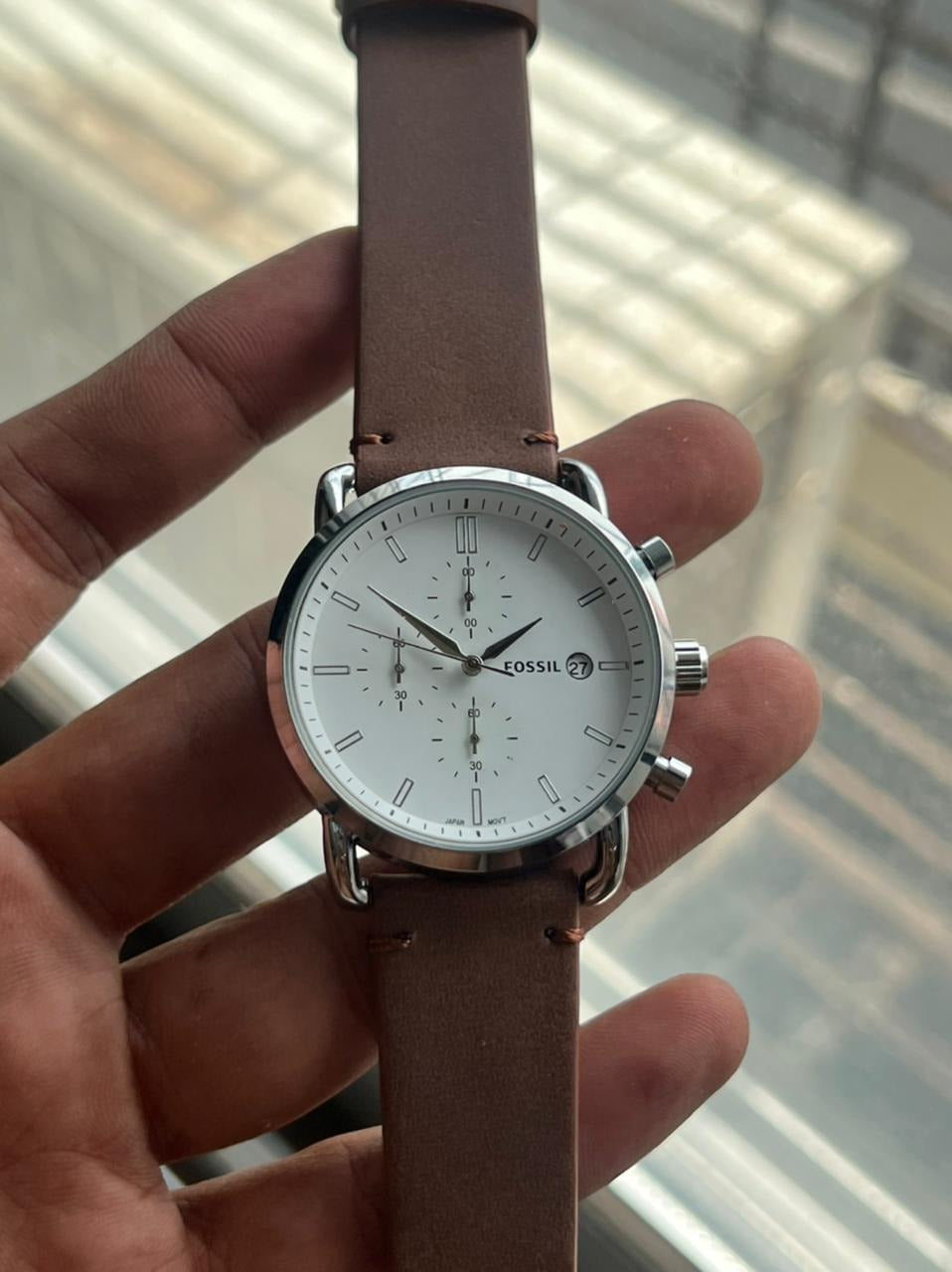 Fossil Commuter White Dial with Brown Leather Strap