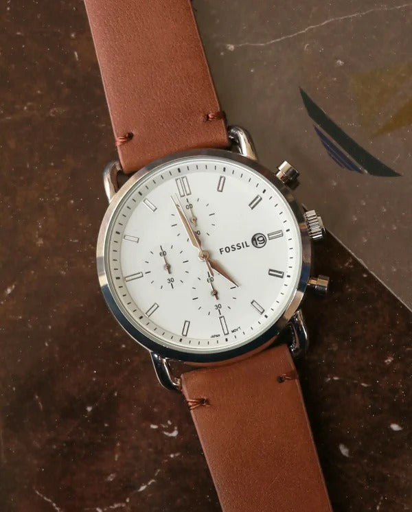 Fossil Commuter White Dial with Brown Leather Strap