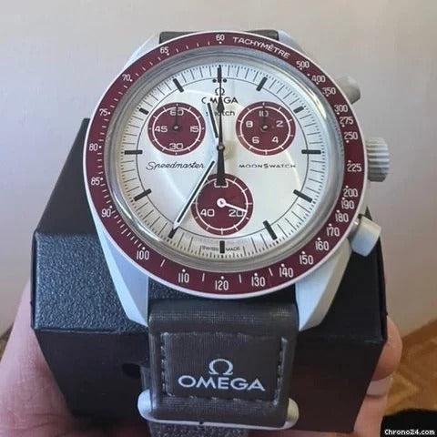OMEGA X SWATCH MOONSWATCH Mission To The Pluto - Cream and Maroon Dial/Black Strap Bioceramic
