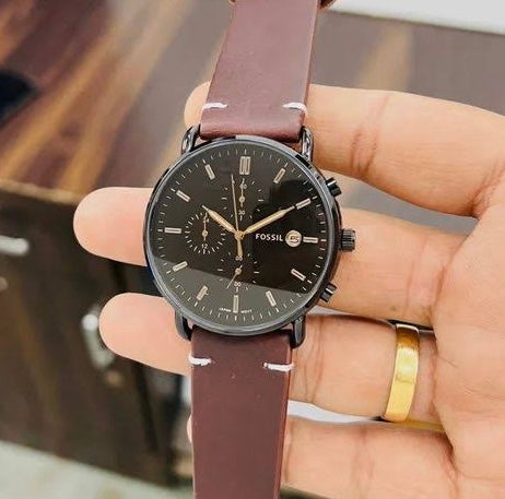 FOSSIL COMMUTER Black Dial Brown Colored Strap