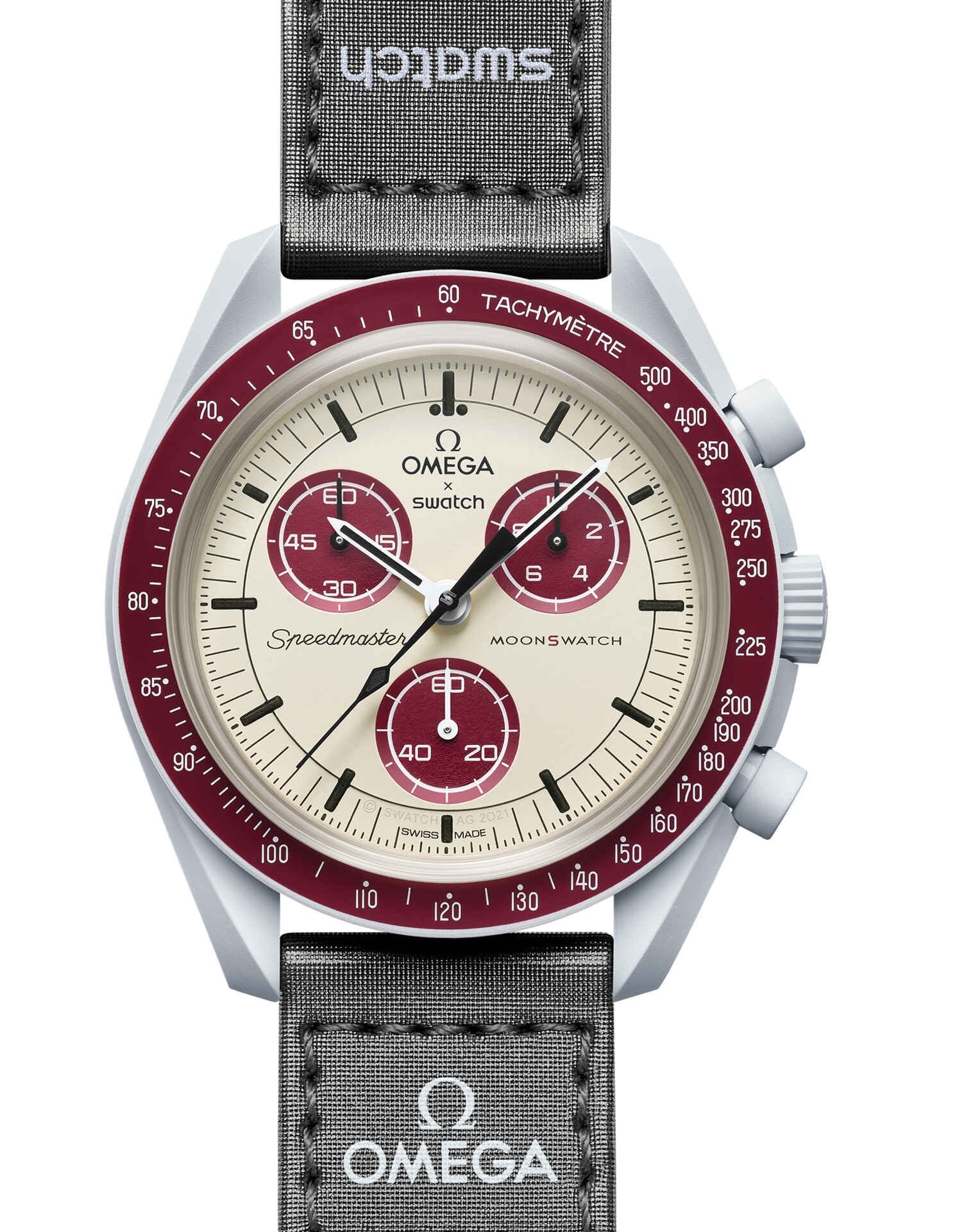 OMEGA X SWATCH MOONSWATCH Mission To The Pluto - Cream and Maroon Dial/Black Strap Bioceramic