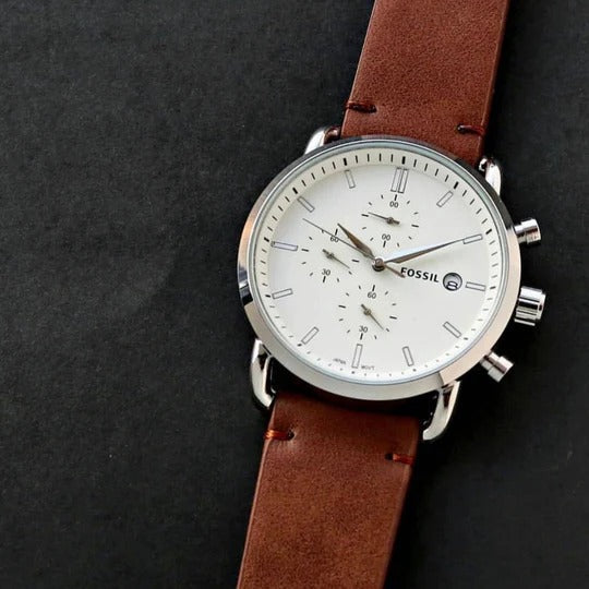 Fossil Commuter White Dial with Brown Leather Strap
