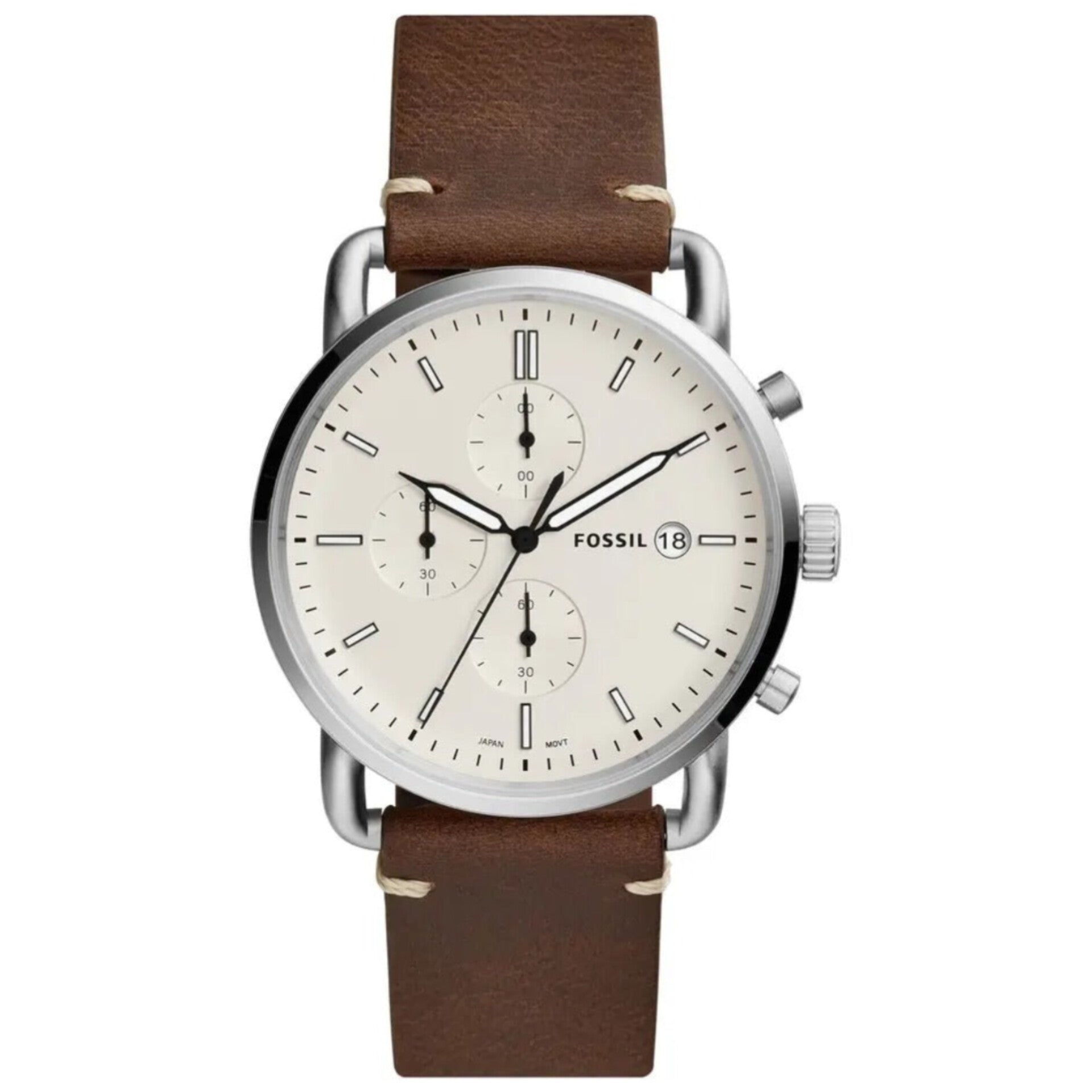 Fossil Commuter White Dial with Brown Leather Strap