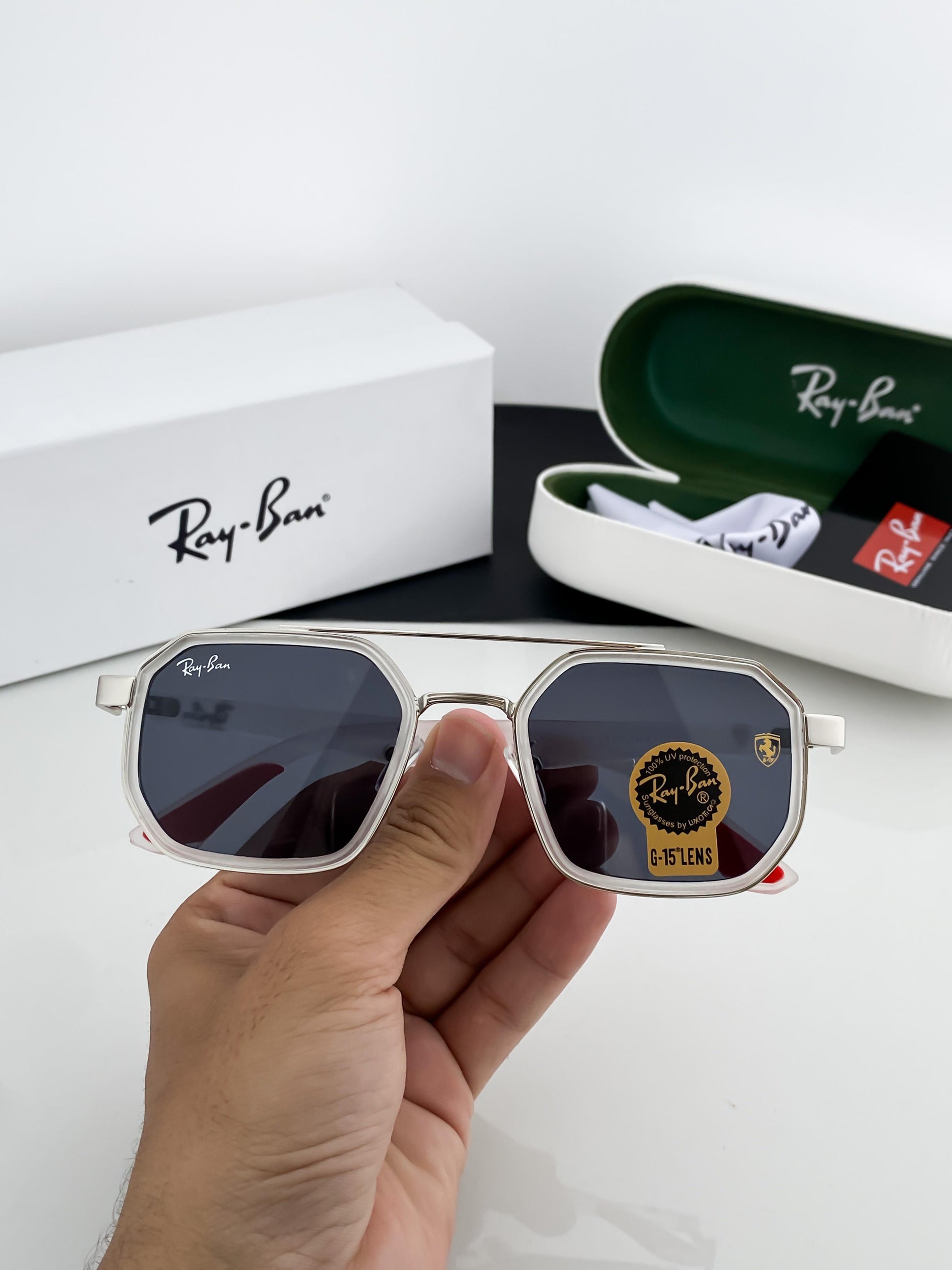 RAYBAN WHITE FRAME SUNGLASSES WITH ORIGINAL BOX AND KIT