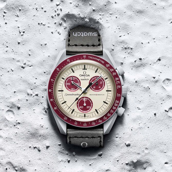 OMEGA X SWATCH MOONSWATCH Mission To The Pluto - Cream and Maroon Dial/Black Strap Bioceramic