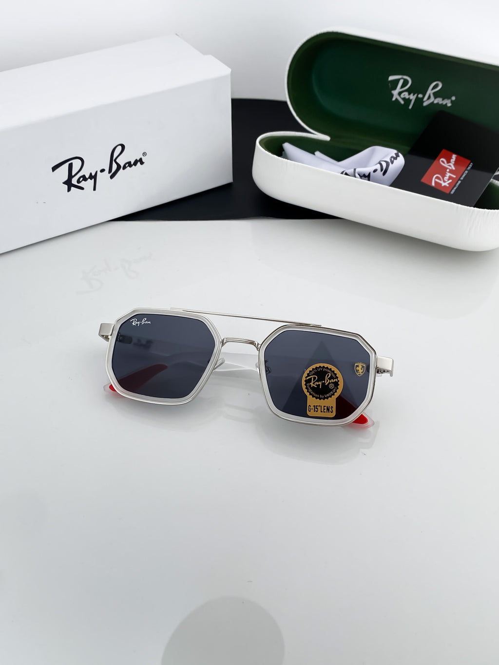 RAYBAN WHITE FRAME SUNGLASSES WITH ORIGINAL BOX AND KIT