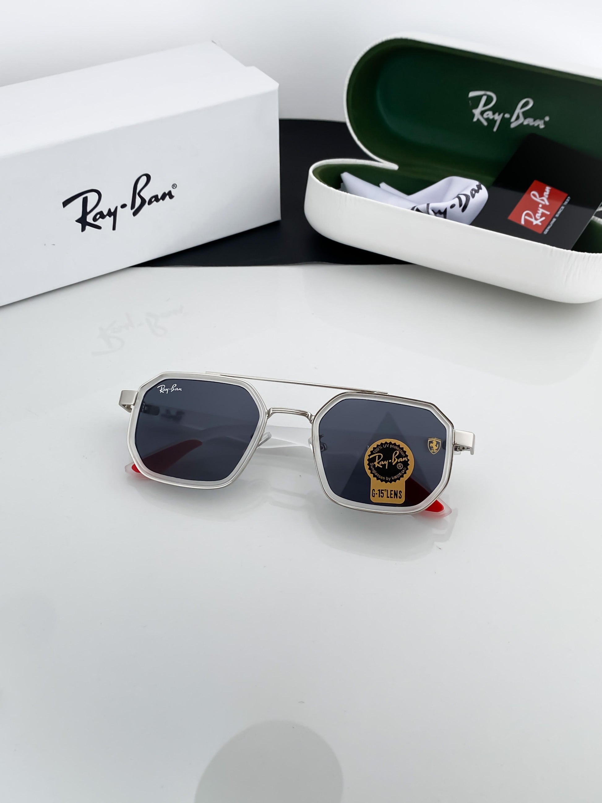 RAYBAN WHITE FRAME SUNGLASSES WITH ORIGINAL BOX AND KIT