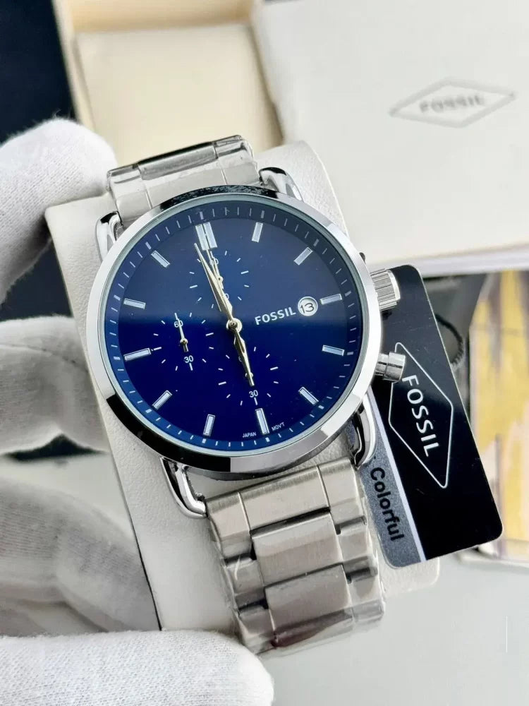 FOSSIL Commuter Blue Dial with silver chain Strap