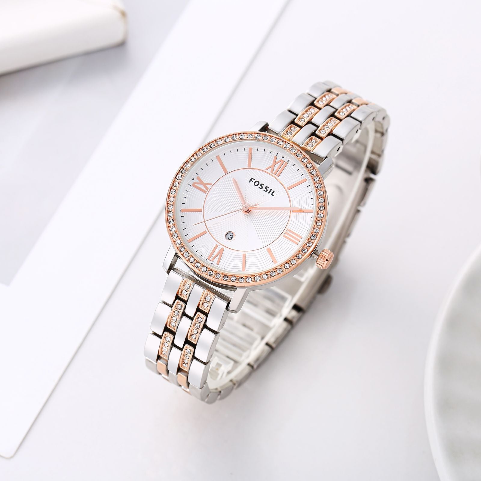 Fossil date working double tone watch for women