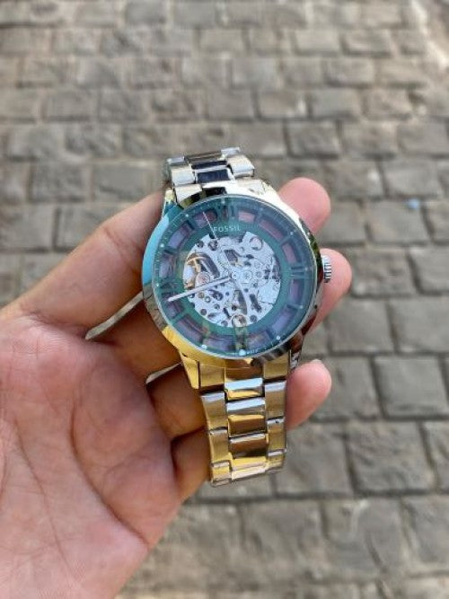 FOSSIL TOWNSMAN SKELETON SILVER GREEN WITH METAL BELT (AUTOMATIC)