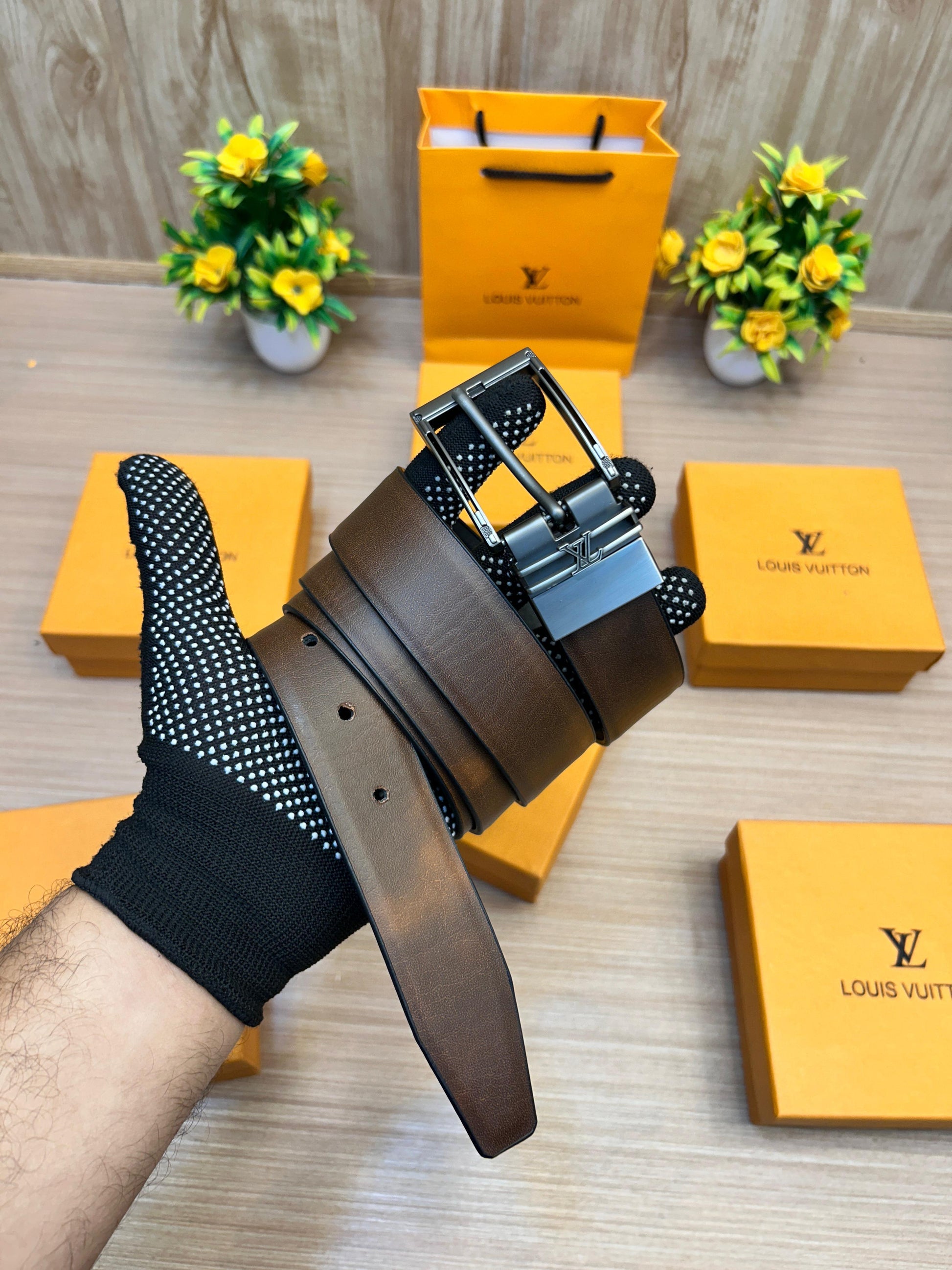 LOUIS VUITTON Black/Brown Revesible Embossed Strip Belt with Brand Box & Carry Bag