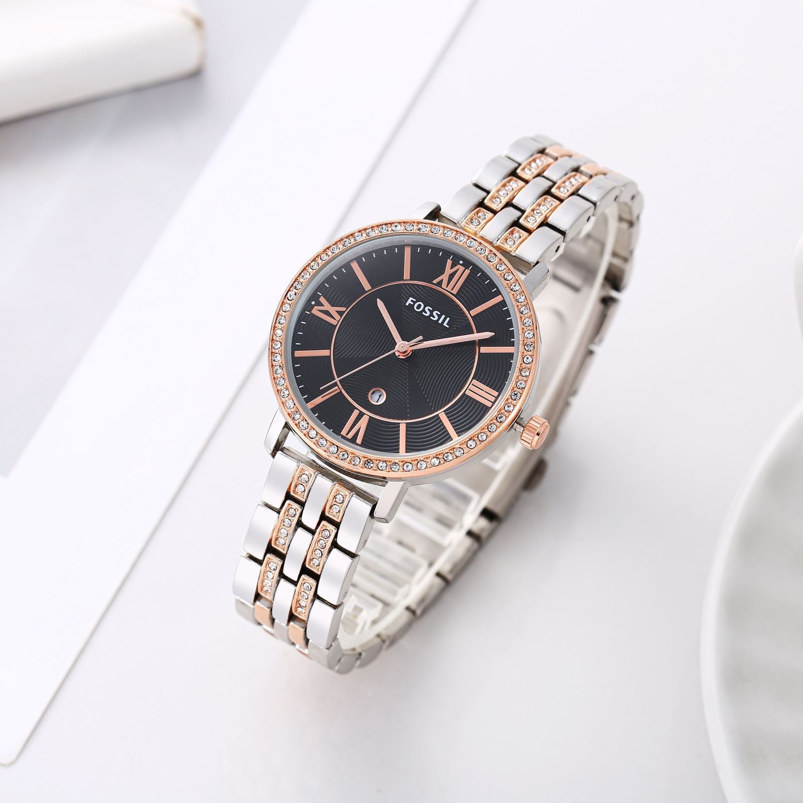 Fossil date working double tone watch for women