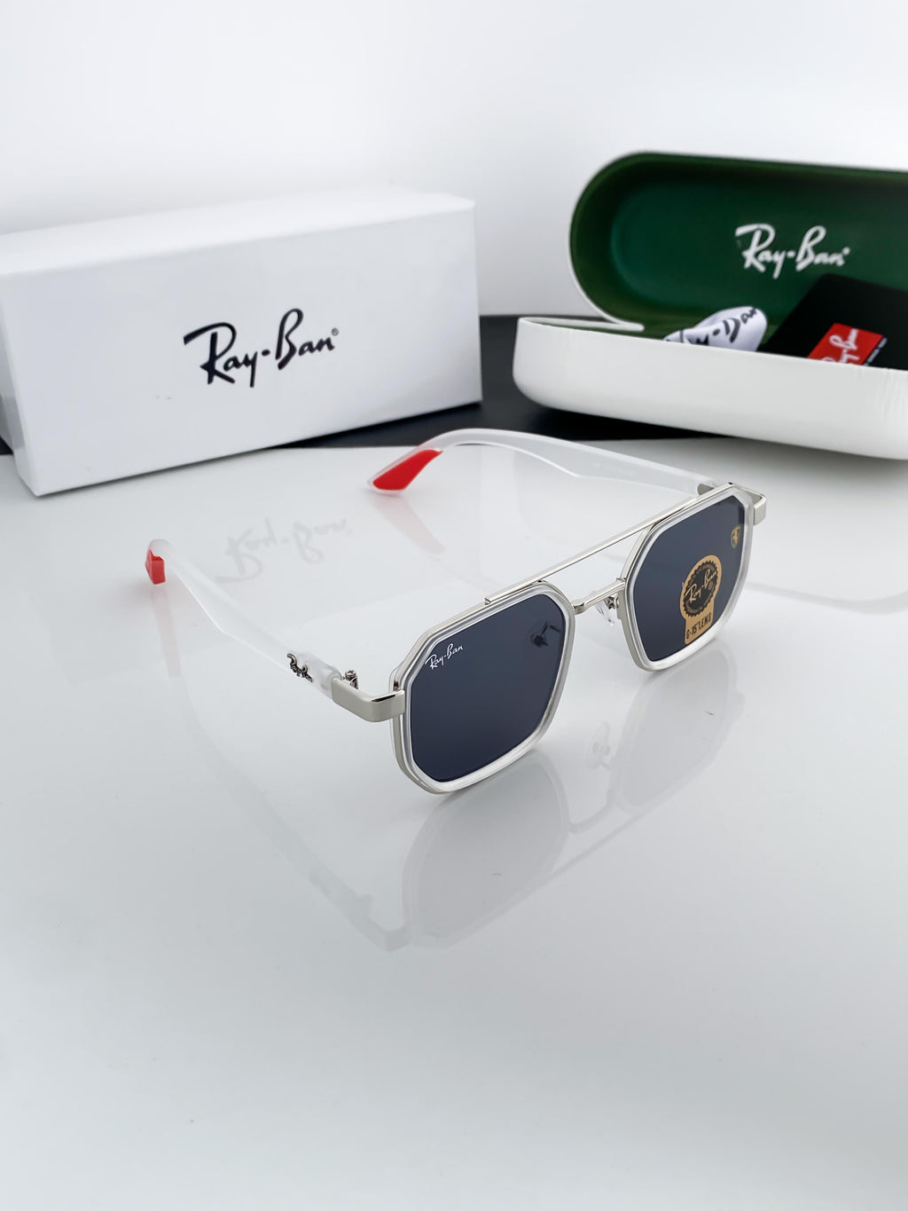 RAYBAN WHITE FRAME SUNGLASSES WITH ORIGINAL BOX AND KIT