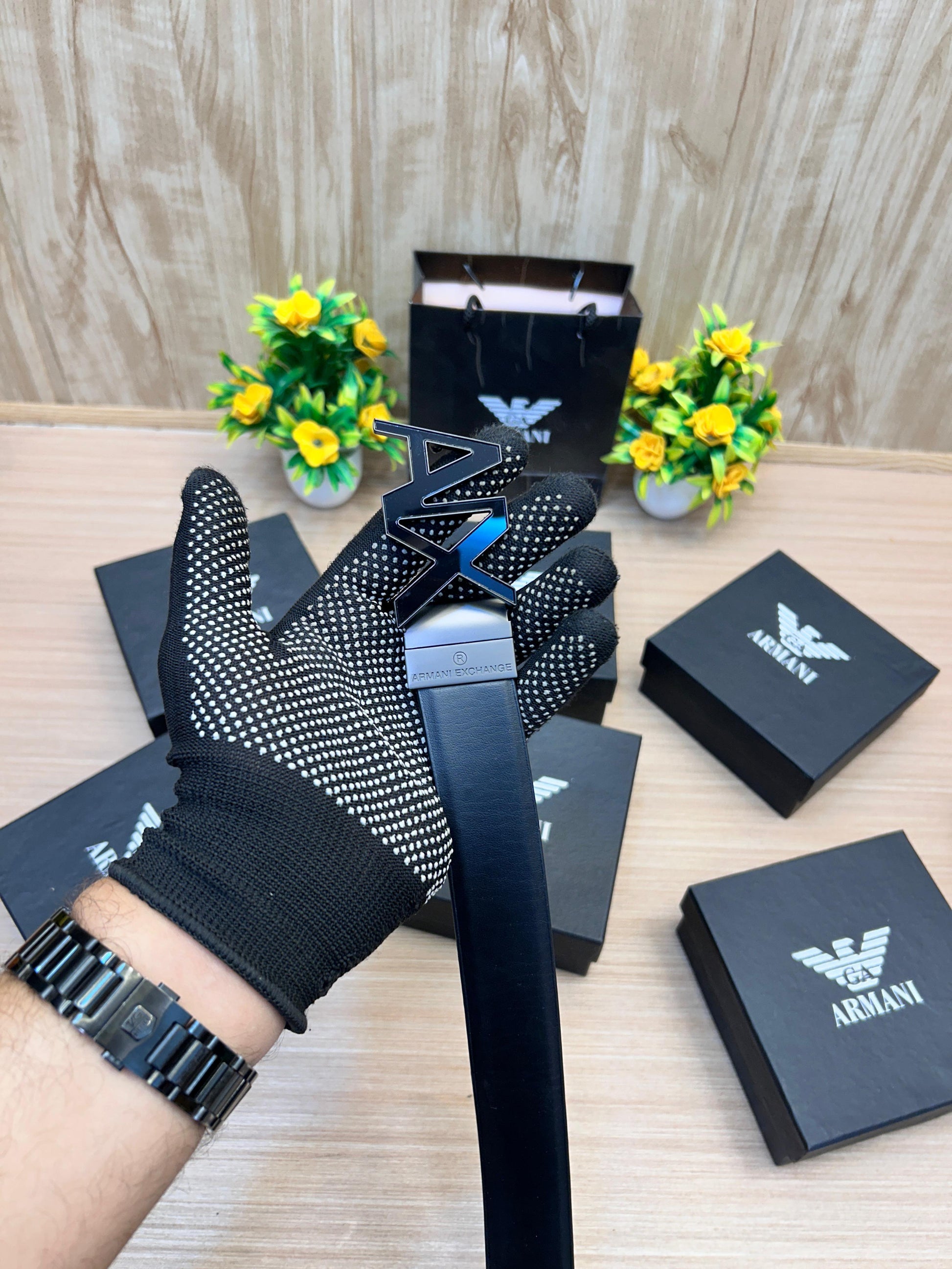 ARMANI Black/Brown Revesible Embossed Strip & Reversible belt with original box and kit