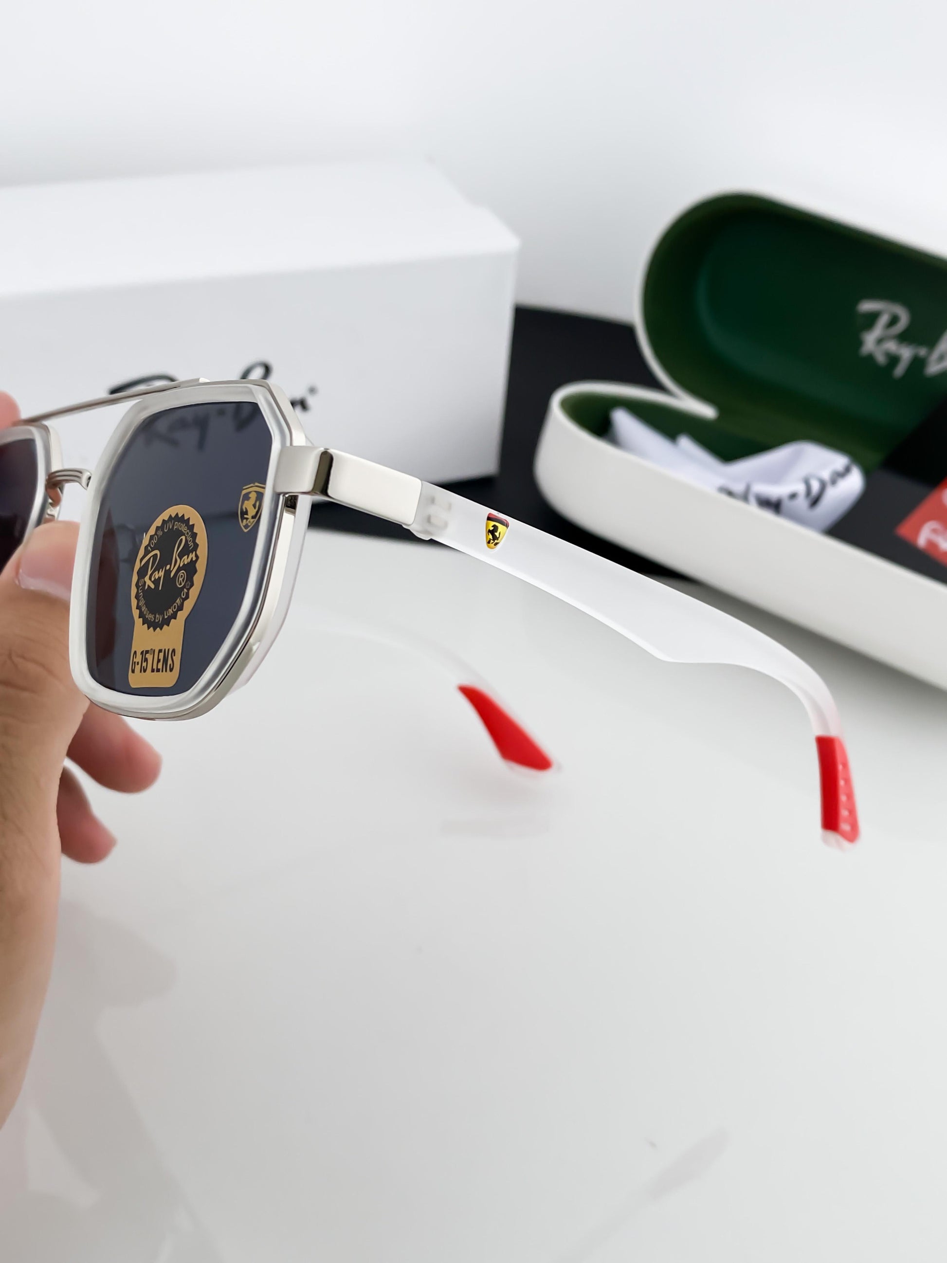 RAYBAN WHITE FRAME SUNGLASSES WITH ORIGINAL BOX AND KIT