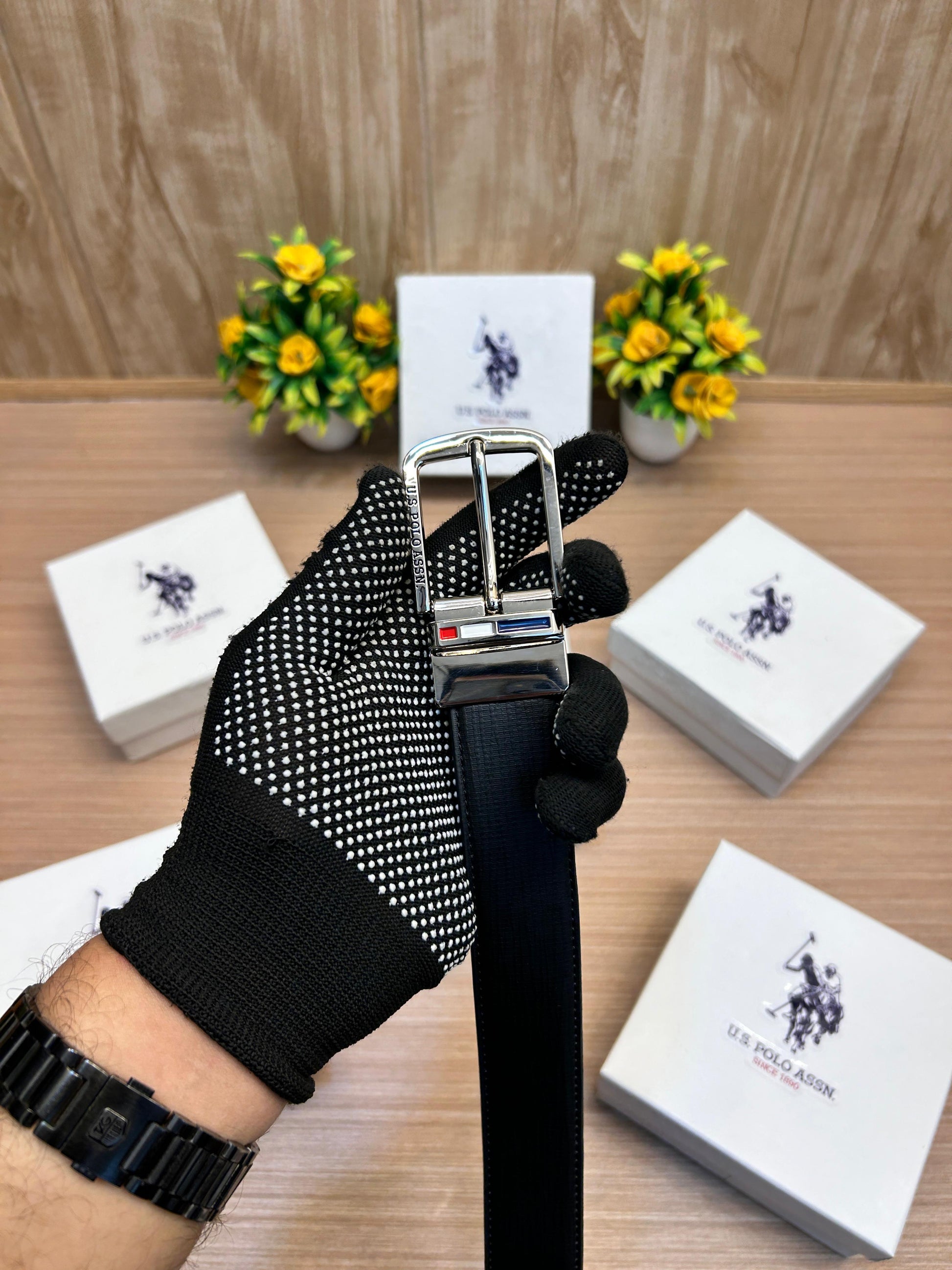 US POLO Black/Brown Reversible Strip Belt with Brand Box