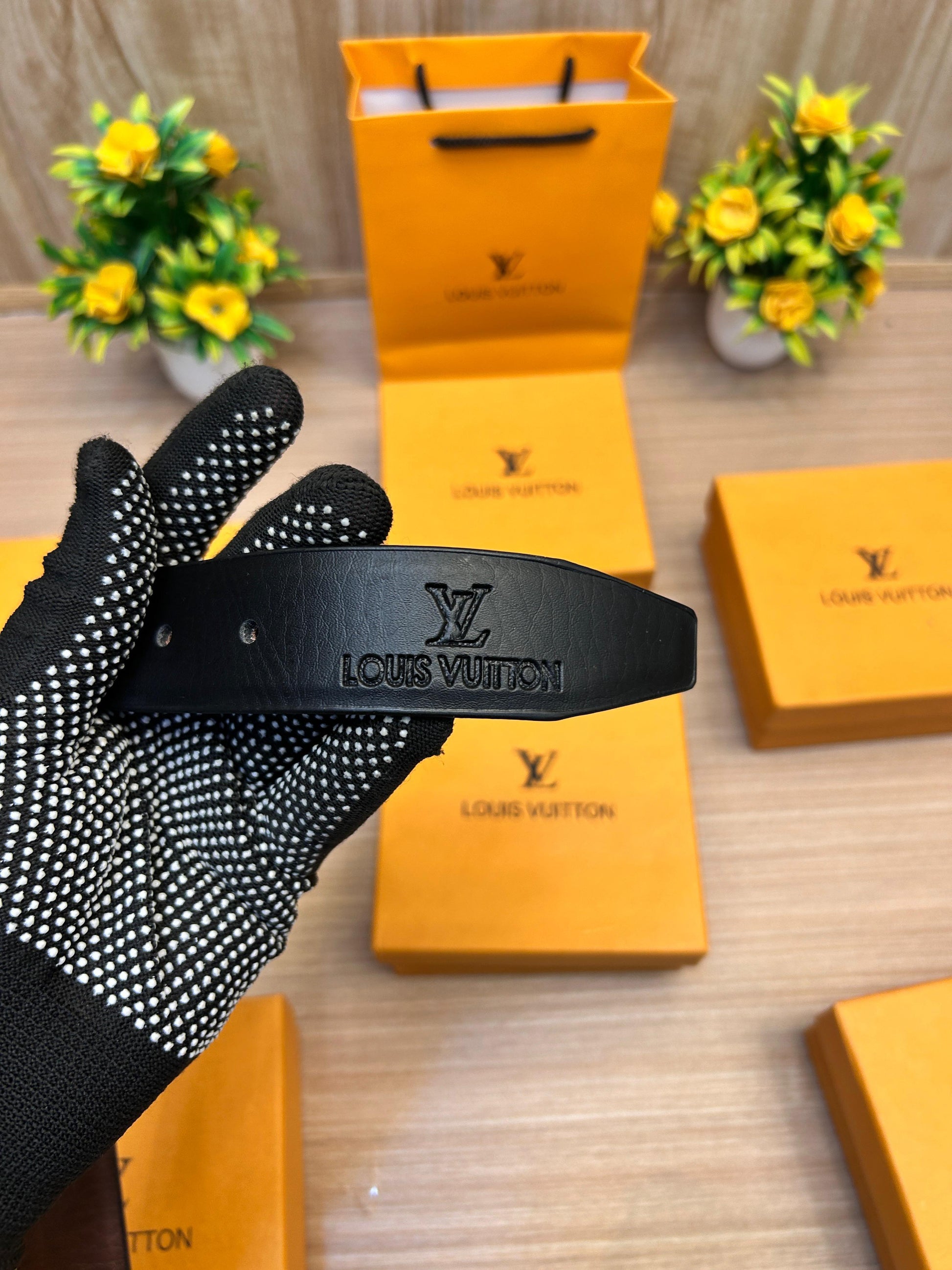 LOUIS VUITTON Black/Brown Revesible Embossed Strip Belt with Brand Box & Carry Bag