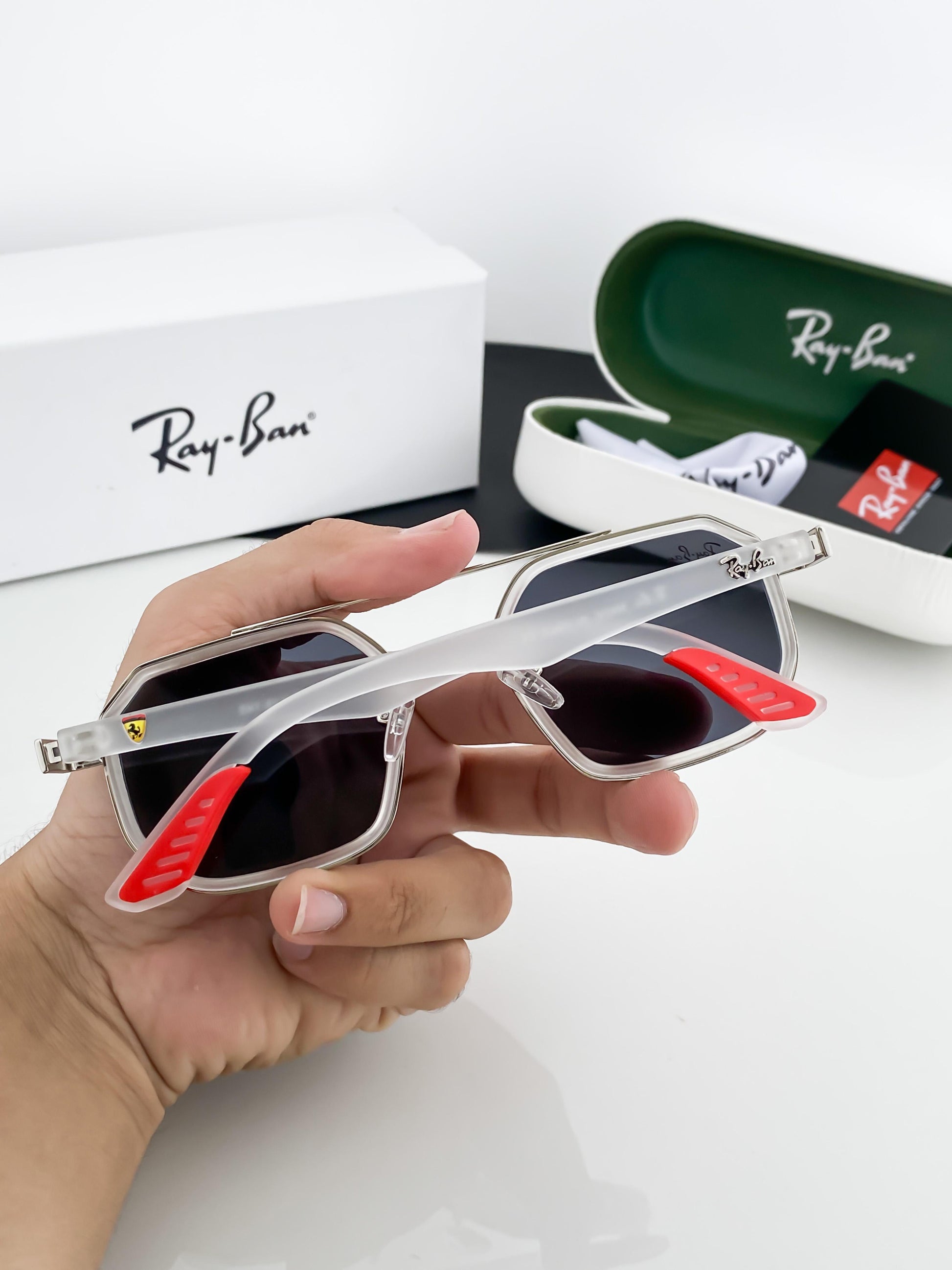 RAYBAN WHITE FRAME SUNGLASSES WITH ORIGINAL BOX AND KIT