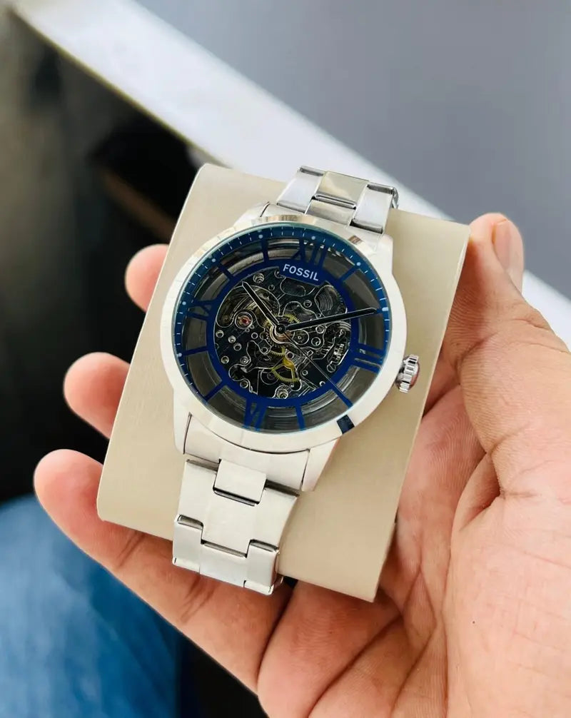 FOSSIL TOWNSMAN SKELETON SILVER BLUE WITH METAL BELT (AUTOMATIC)