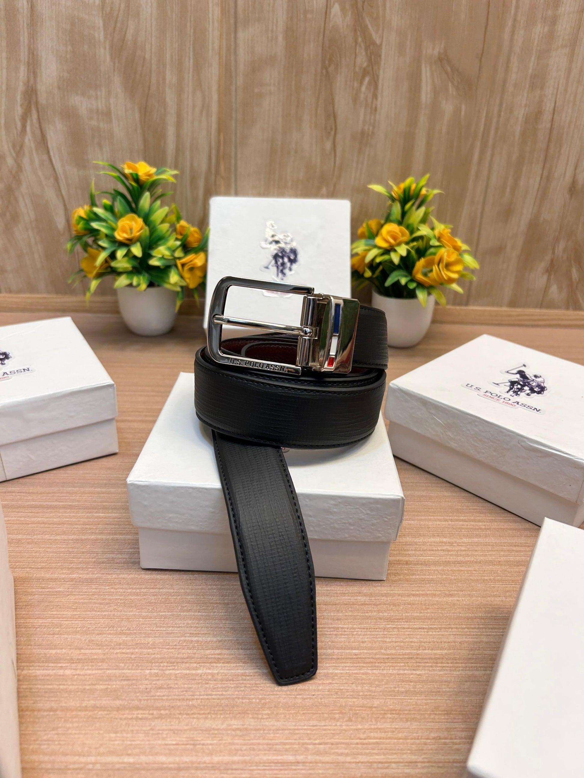 US POLO Black/Brown Reversible Strip Belt with Brand Box