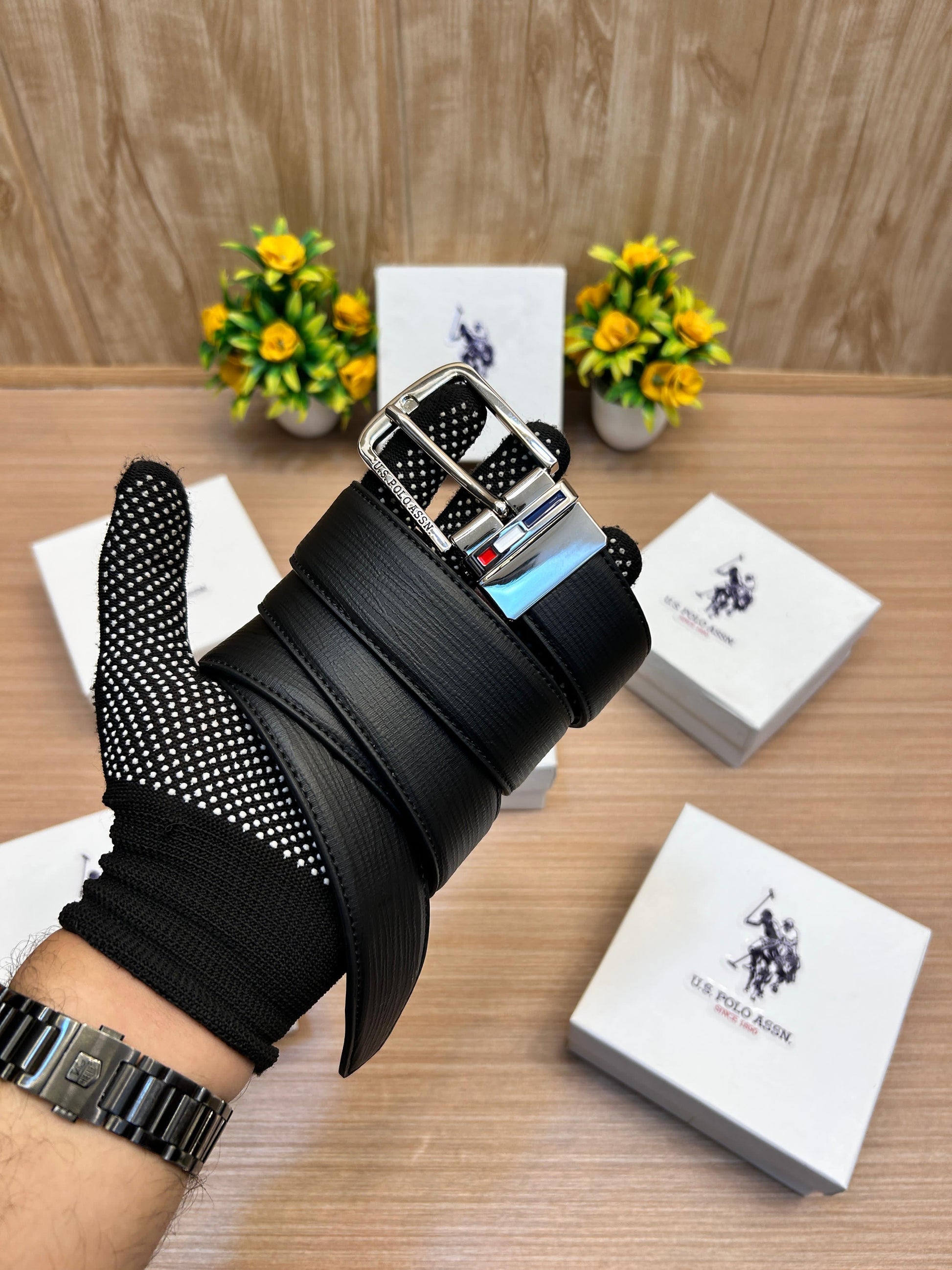 US POLO Black/Brown Reversible Strip Belt with Brand Box