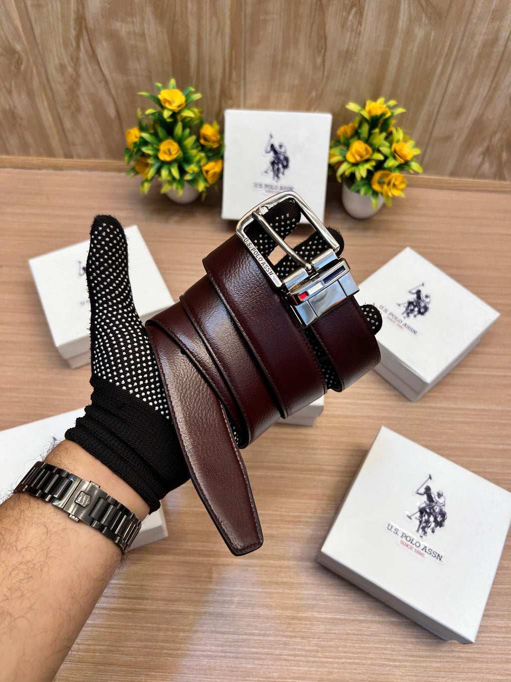 US POLO Black/Brown Reversible Strip Belt with Brand Box
