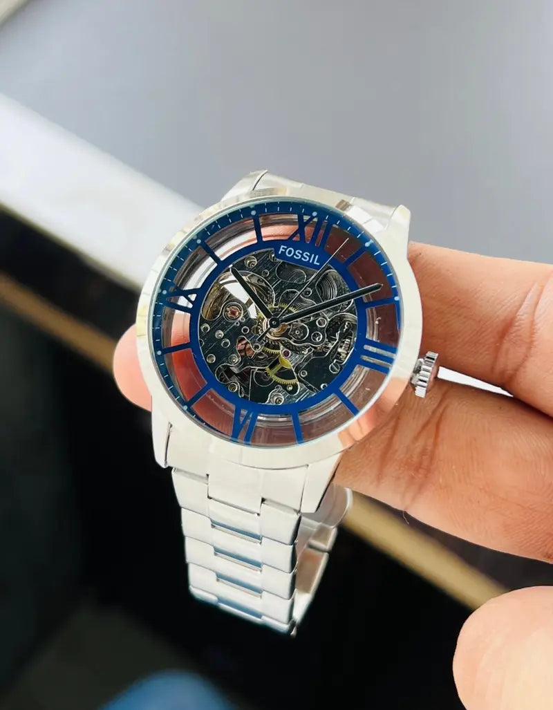 FOSSIL TOWNSMAN SKELETON SILVER BLUE WITH METAL BELT (AUTOMATIC)