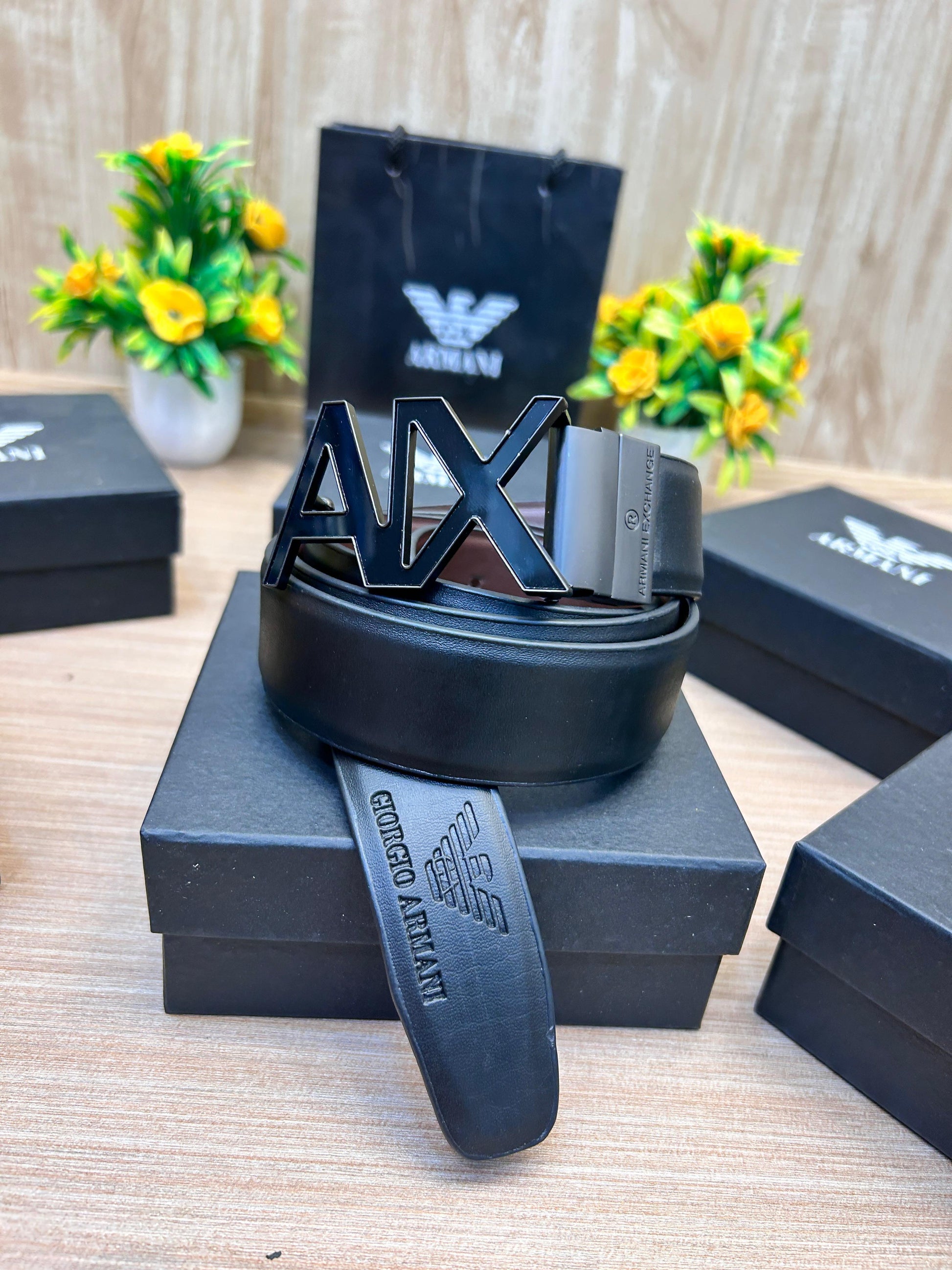 ARMANI Black/Brown Revesible Embossed Strip & Reversible belt with original box and kit