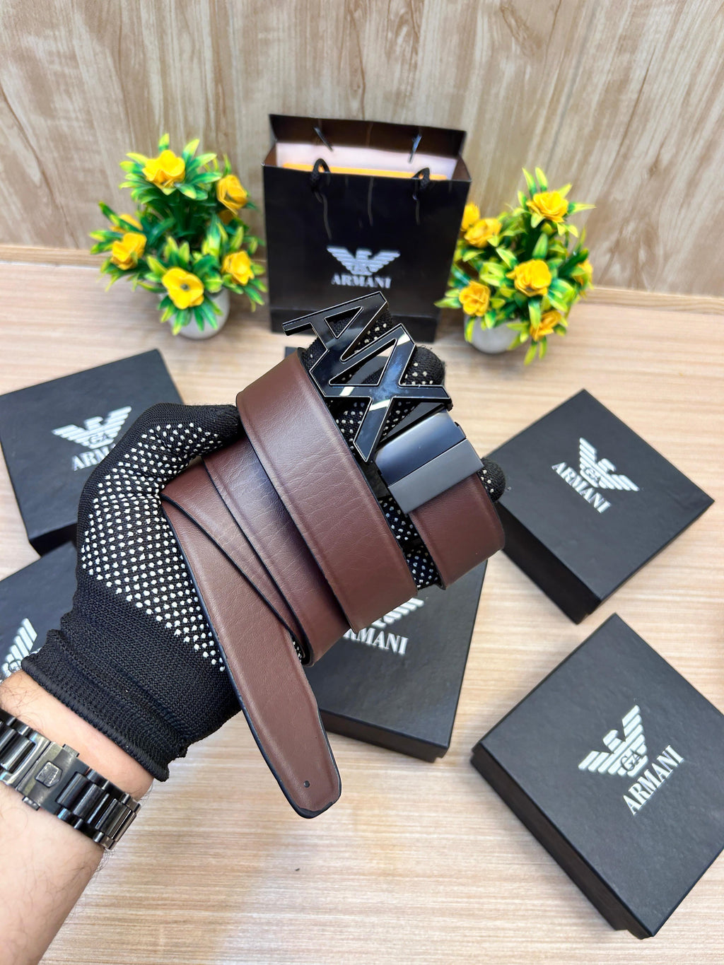 ARMANI Black/Brown Revesible Embossed Strip & Reversible belt with original box and kit