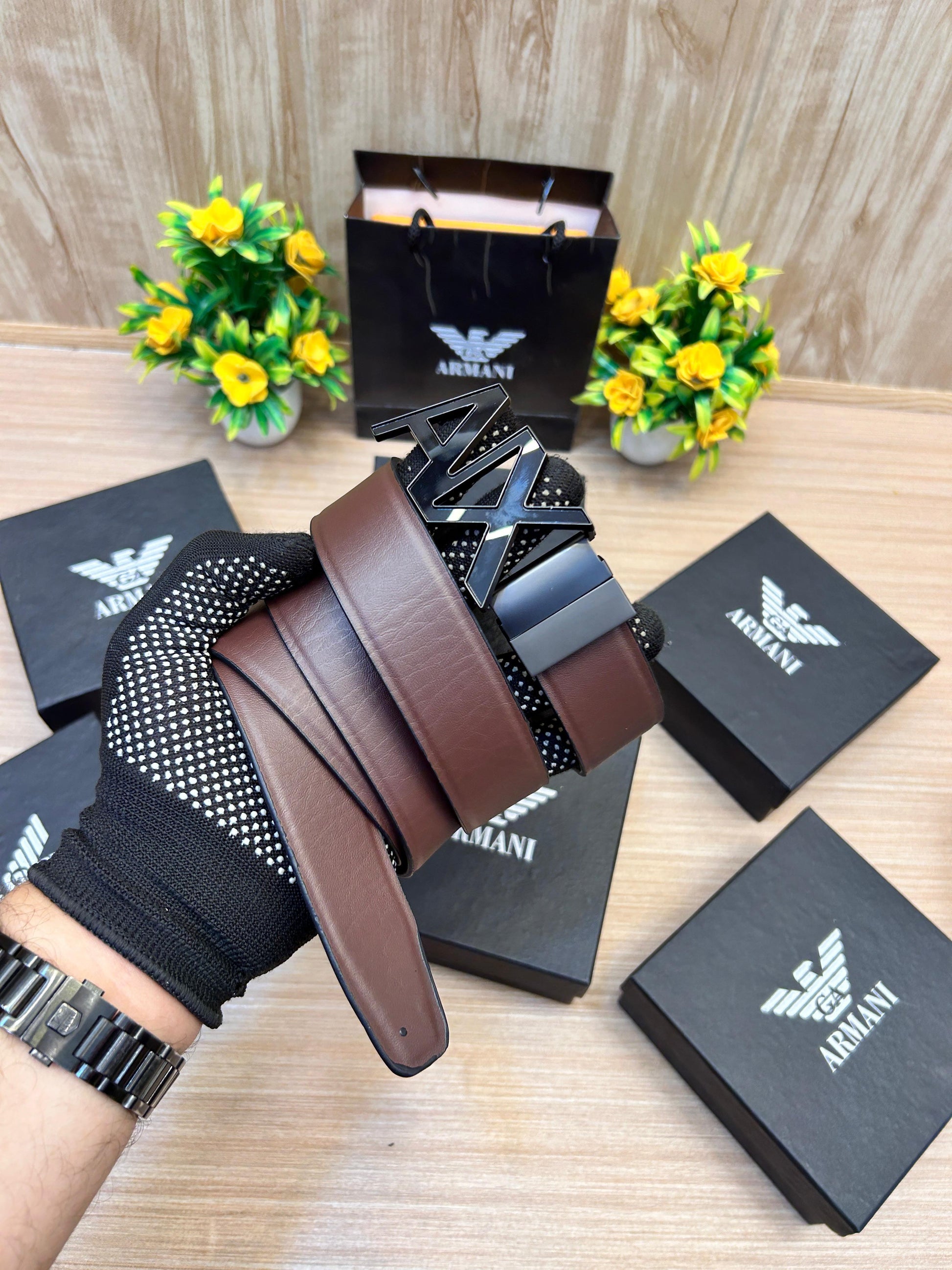 ARMANI Black/Brown Revesible Embossed Strip & Reversible belt with original box and kit