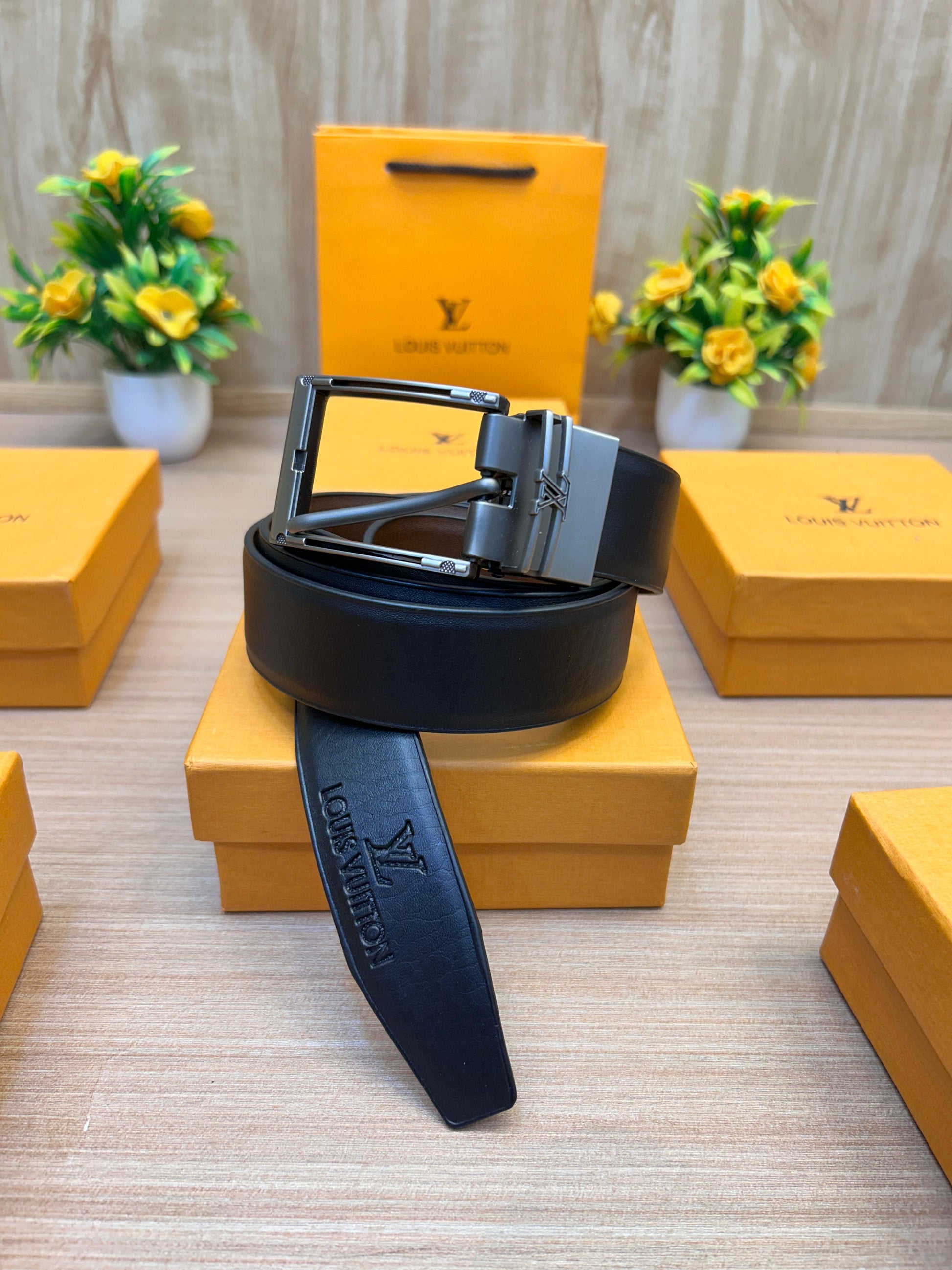 LOUIS VUITTON Black/Brown Revesible Embossed Strip Belt with Brand Box & Carry Bag