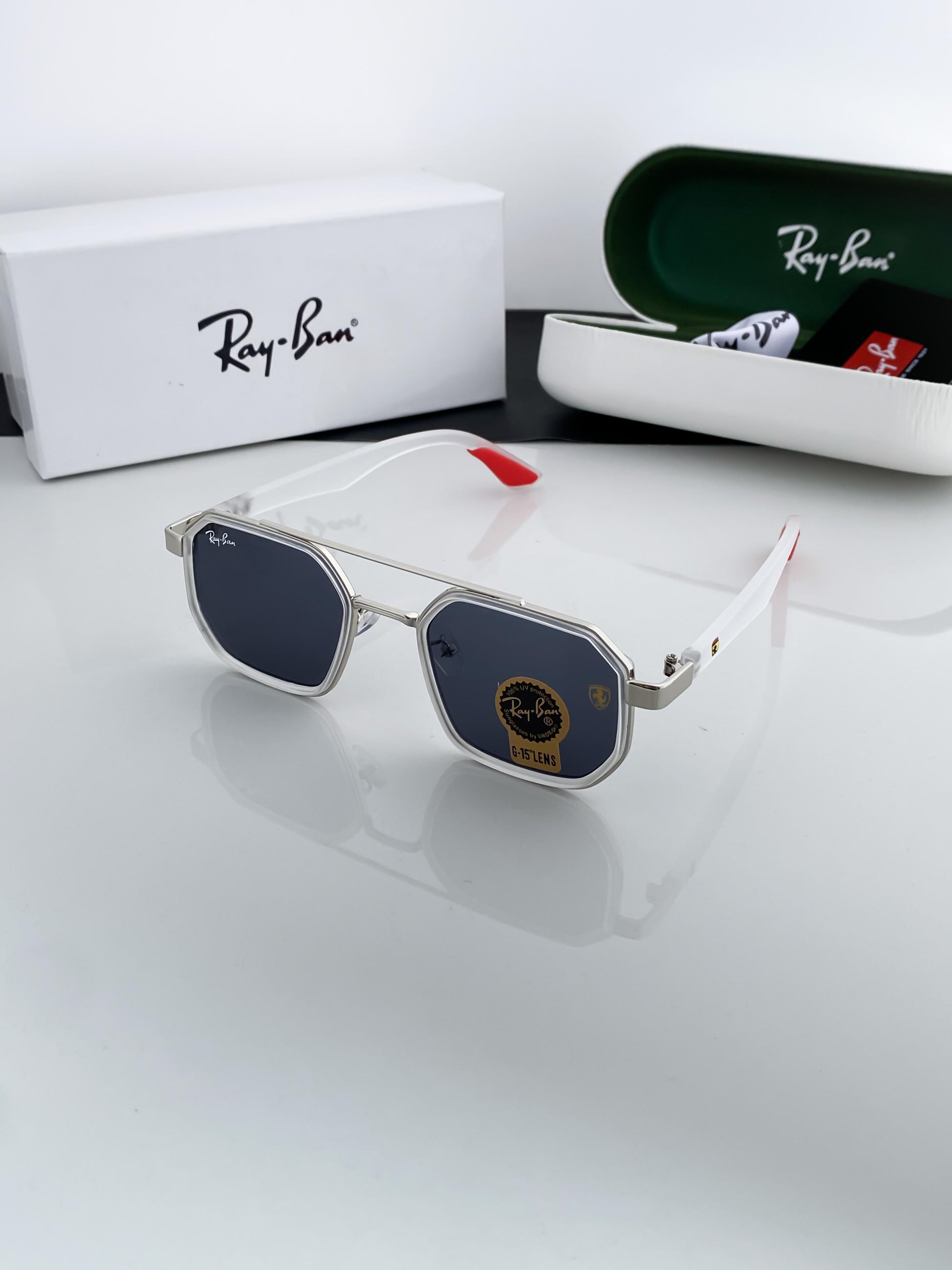 RAYBAN WHITE FRAME SUNGLASSES WITH ORIGINAL BOX AND KIT