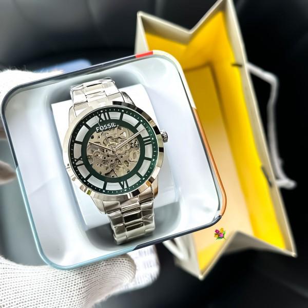 FOSSIL TOWNSMAN SKELETON SILVER GREEN WITH METAL BELT (AUTOMATIC)